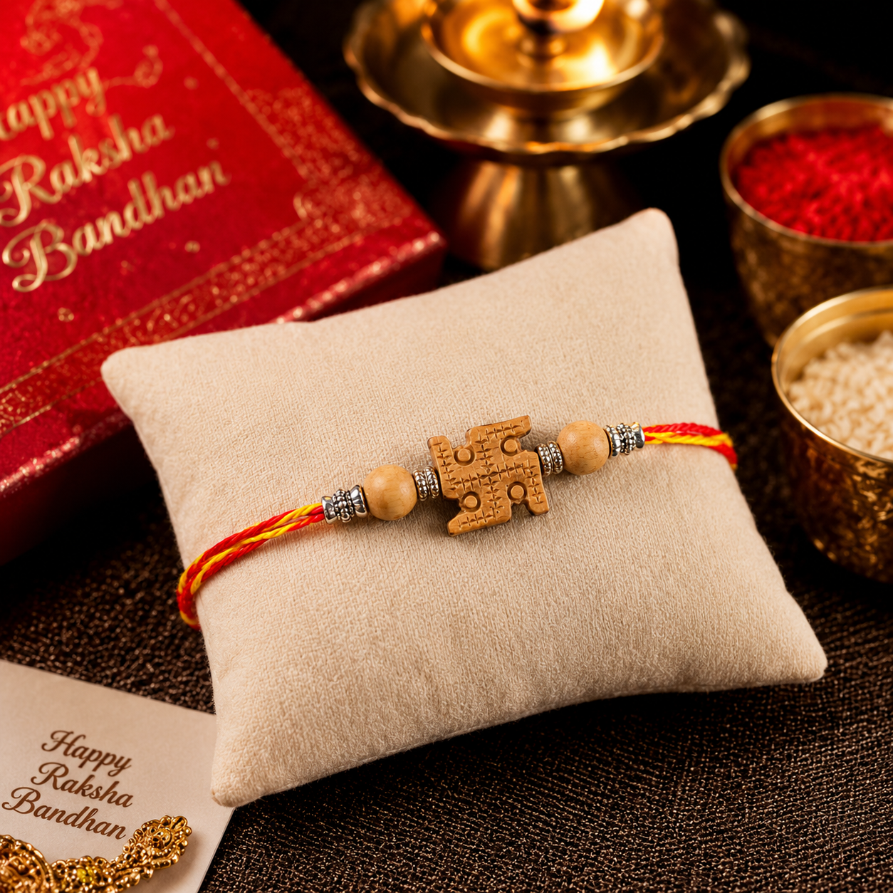 RDK Safed Chandan (Sandalwood) Swastik Rakhi for Brother with Sacred Thread