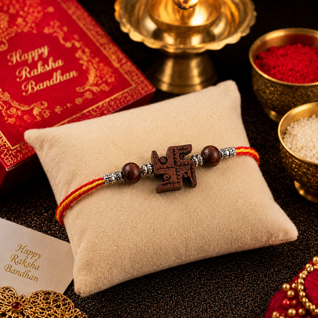 RDK Lal Chandan (Red Sandalwood) Swastik Rakhi for Brother with Sacred Thread