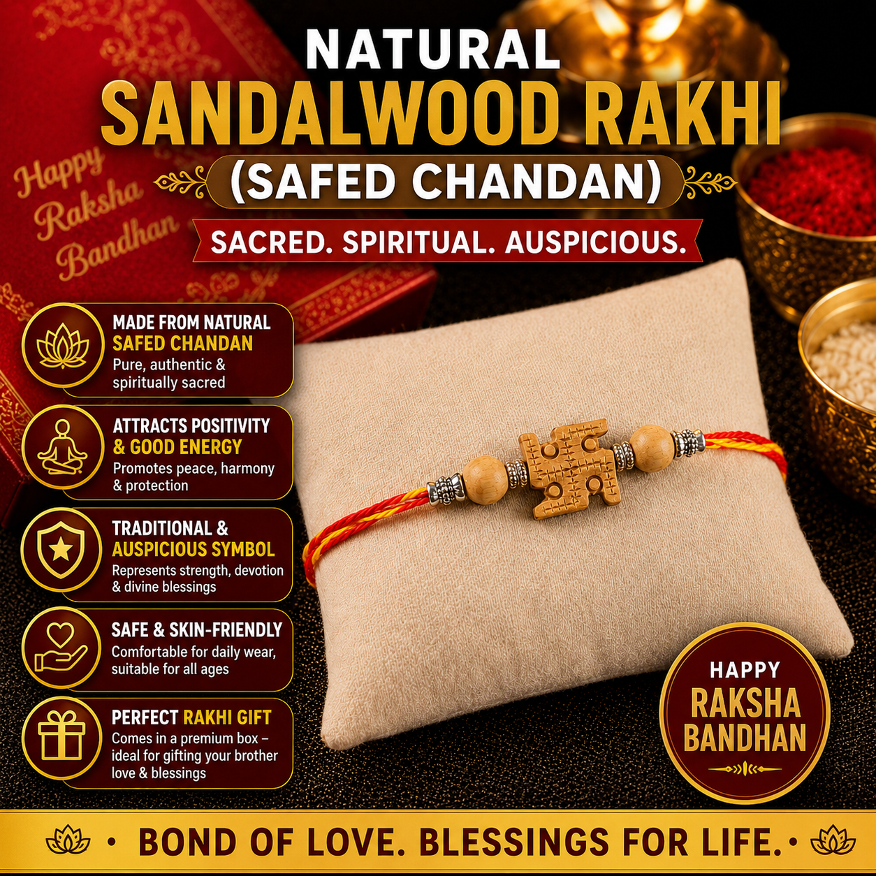 RDK Safed Chandan (Sandalwood) Swastik Rakhi for Brother with Sacred Thread