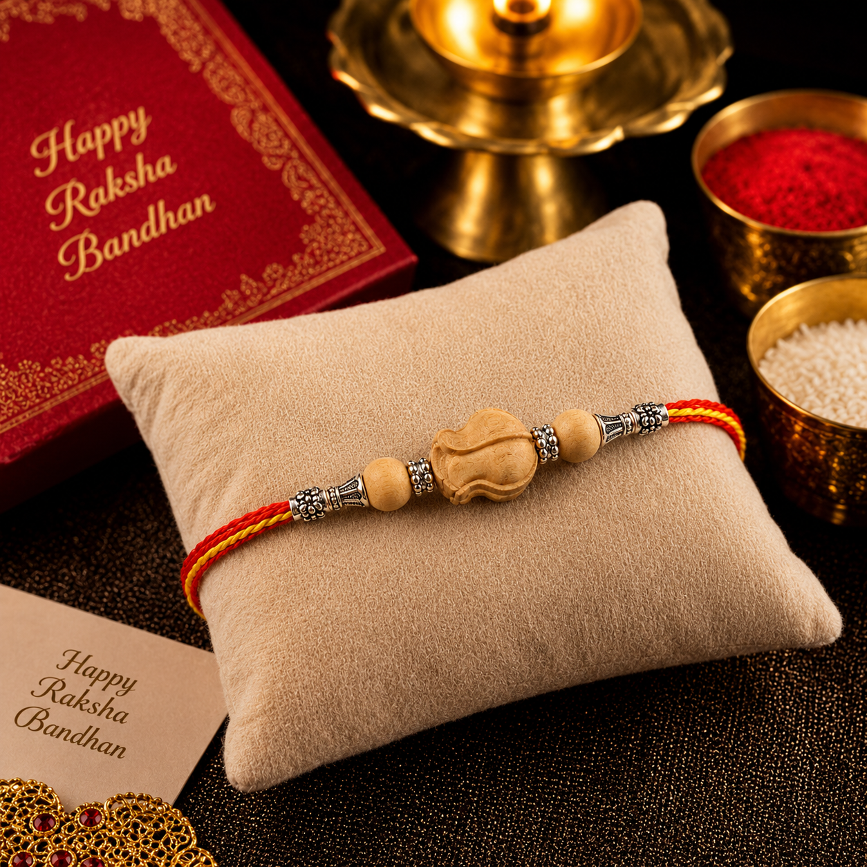 RDK Lotus Bead Sandalwood Rakhi for Brother with Sacred Thread