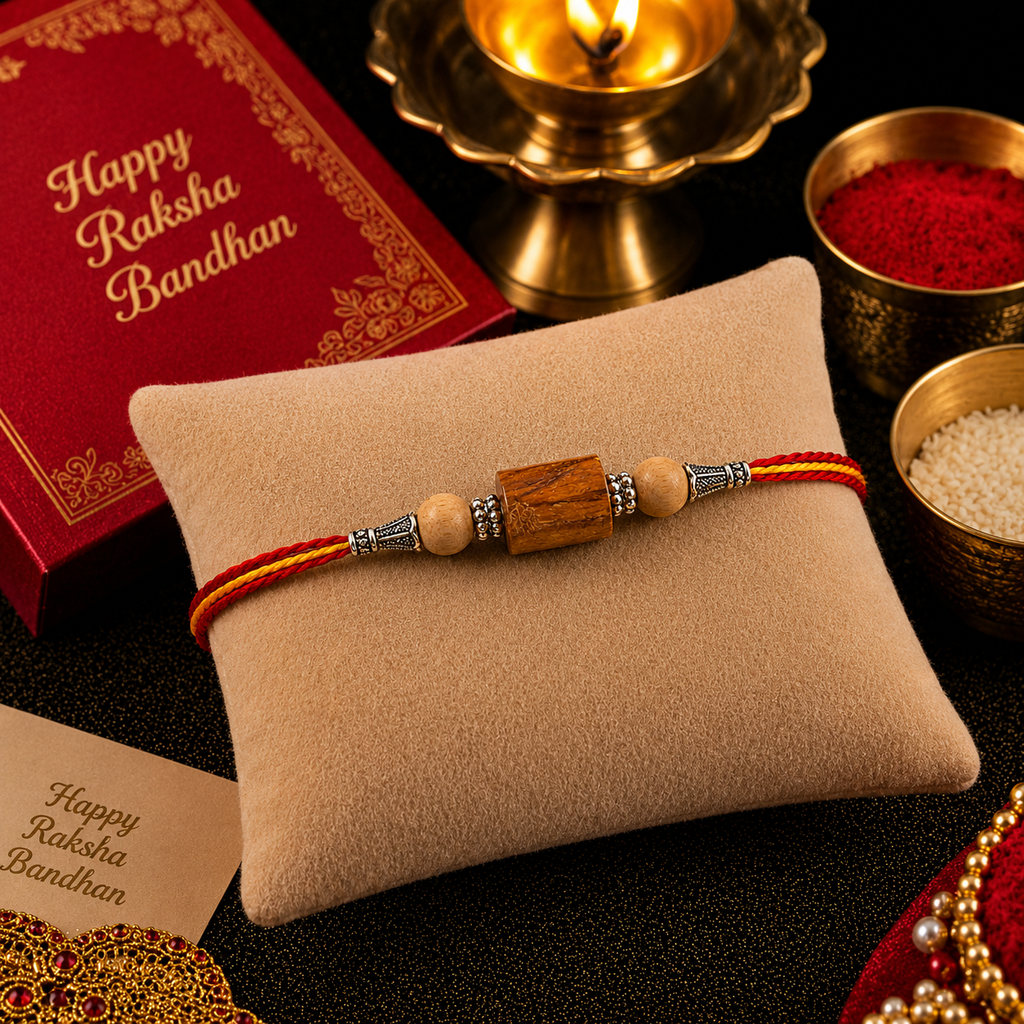 RDK Two Beads with Pipe Sandalwood Rakhi for Brother with Sacred Thread