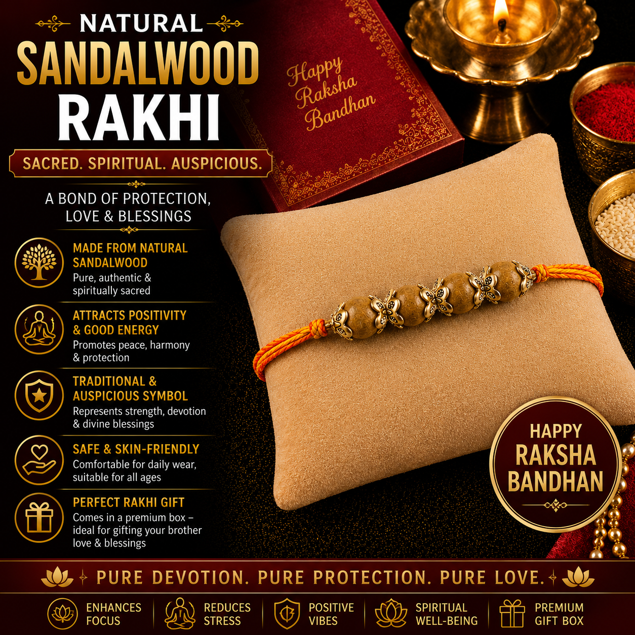 RDK Five Beads Sandalwood Rakhi for Brother with Sacred Thread