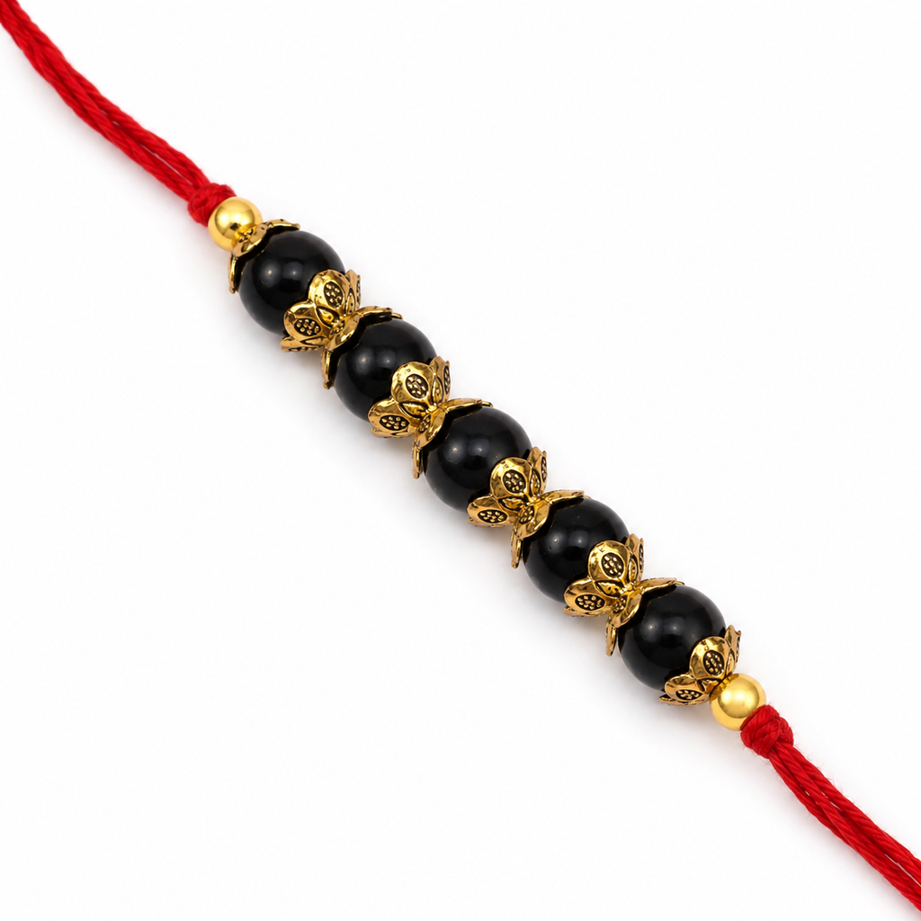 RDK Five Beads Ebony (Karungali) Rakhi for Brother with Sacred Thread