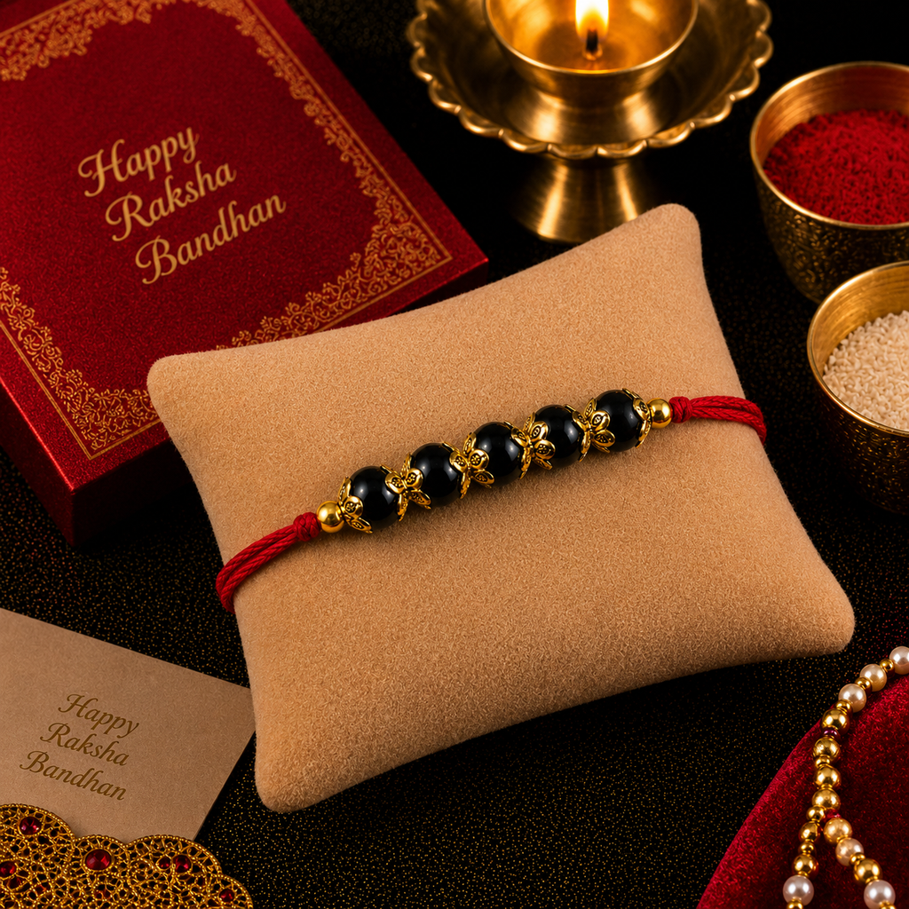 RDK Five Beads Ebony (Karungali) Rakhi for Brother with Sacred Thread