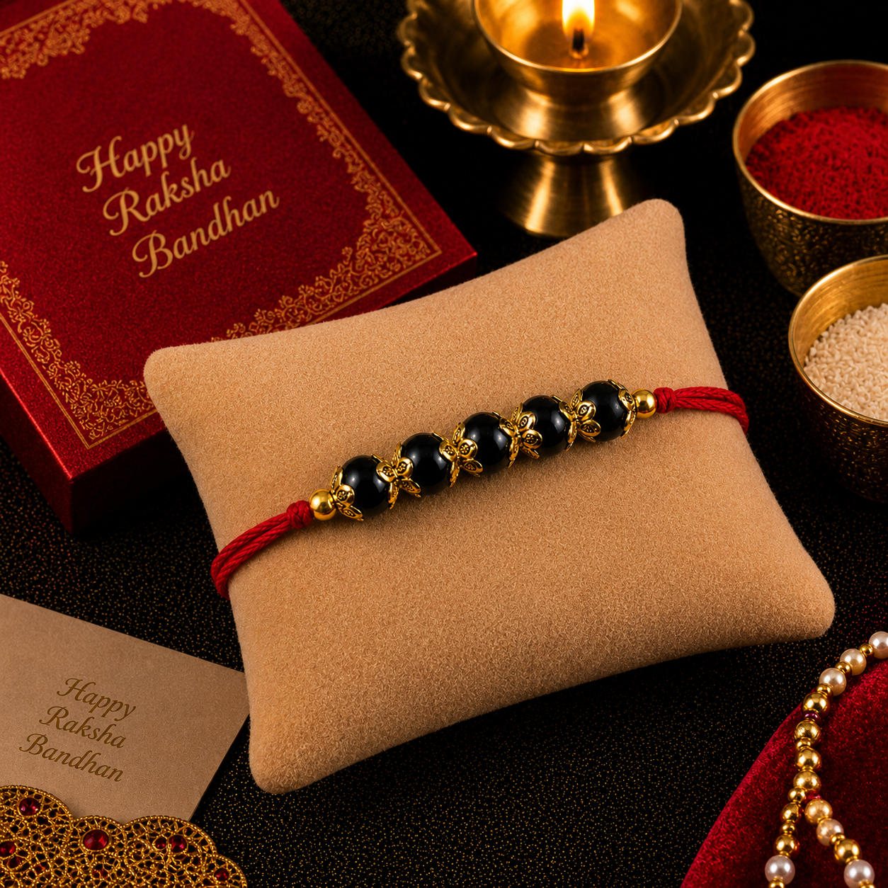 RDK Five Beads Ebony (Karungali) Rakhi for Brother with Sacred Thread