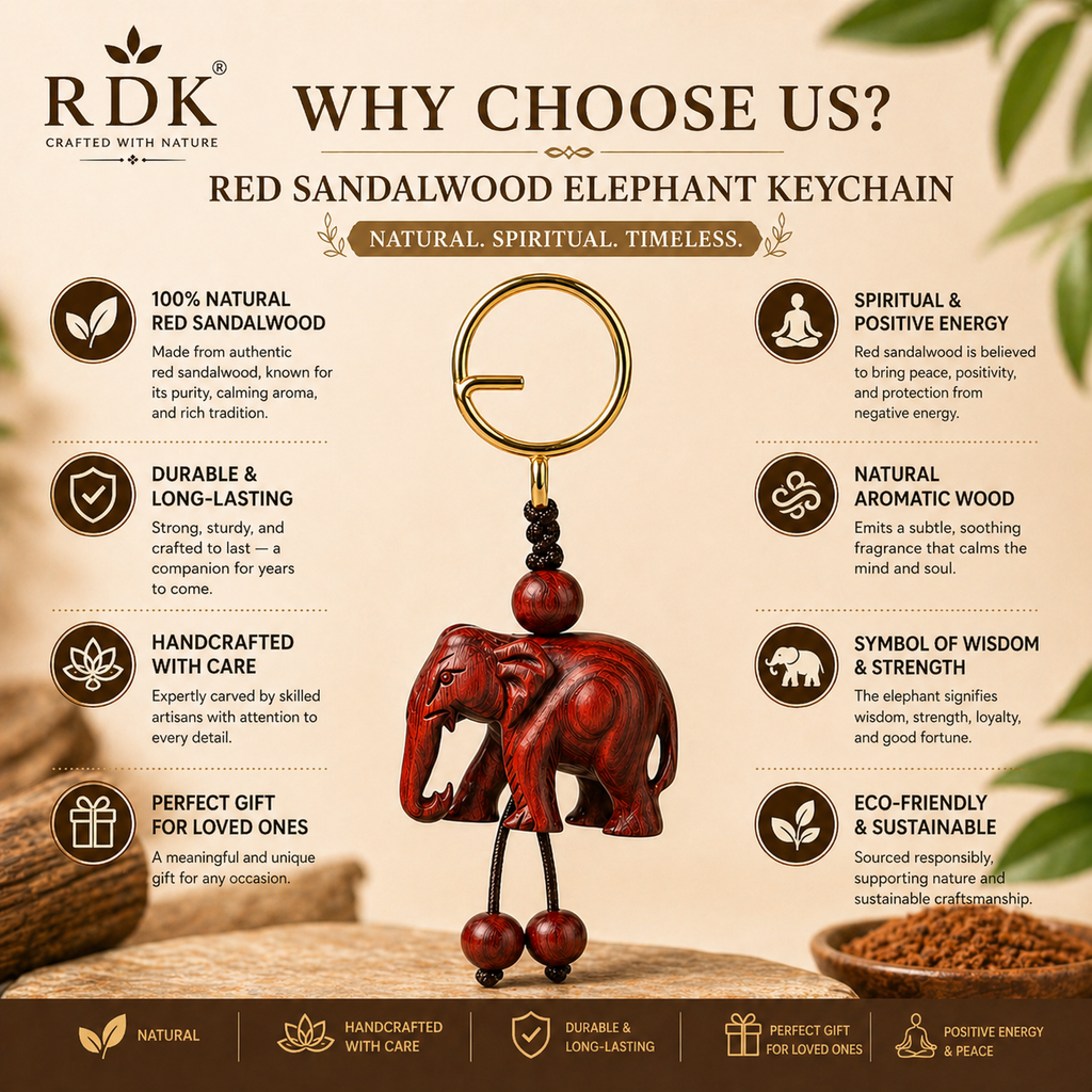 RDK Handmade Red Sandalwood Elephant Keychain – Natural Wood Lucky Charm, Premium Handcrafted Key Holder for Gifts & Daily Use