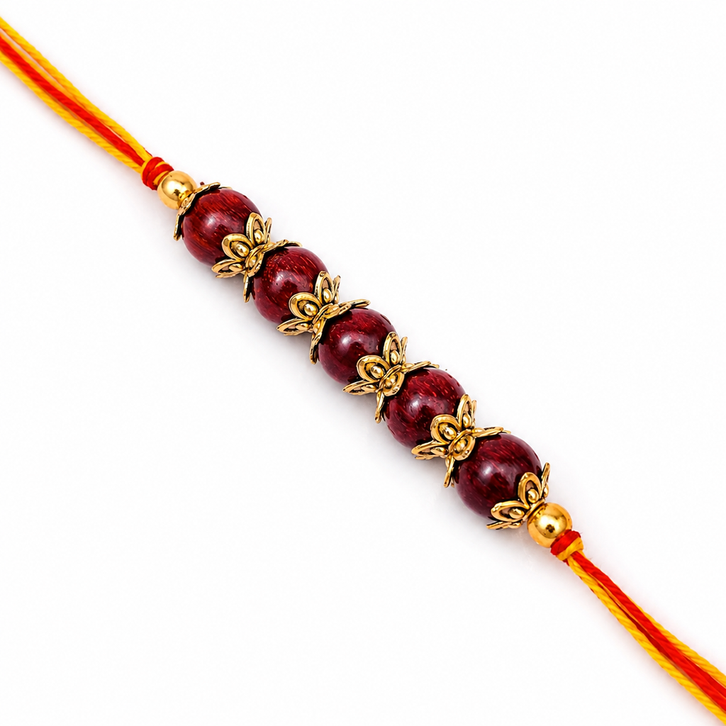 RDK Five Beads Red Sandalwood Rakhi for Brother with Sacred Thread