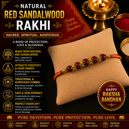 RDK Five Beads Red Sandalwood Rakhi for Brother with Sacred Thread